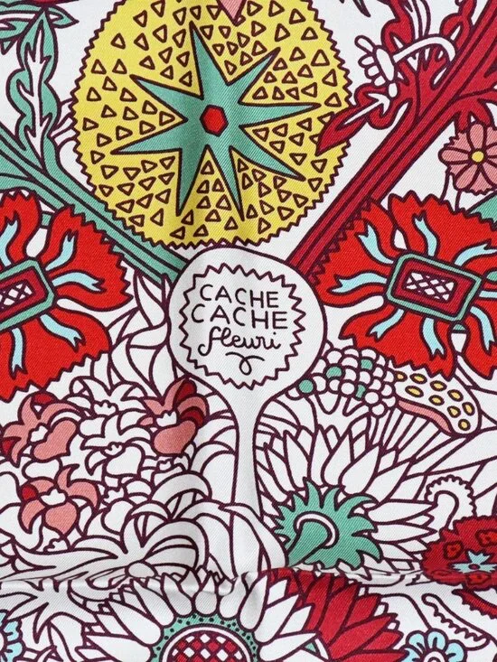 HERMES Carre 90 Scarf CACHE CACHE Fleuri Silk w/Tag White Flower by Pierre Marie - Picture 4 of 7